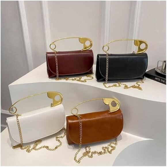 Unique Safety Pin Handle Purse – Black Faux Leather Clutch & Crossbody - Picture 4 of 4